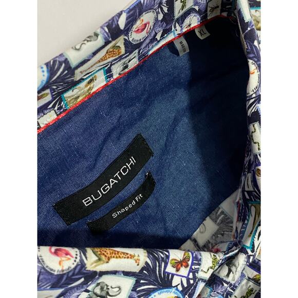 Bugatchi Shirt Mens XL Blue Animal print100% Cotton Shaped Fit Button Up - Picture 4 of 10